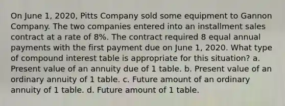 On June 1, 2020, Pitts Company sold some equipment to Gannon Company. The two companies entered into an installment sales contract at a rate of 8%. The contract required 8 equal annual payments with the first payment due on June 1, 2020. What type of compound interest table is appropriate for this situation? a. Present value of an annuity due of 1 table. b. Present value of an ordinary annuity of 1 table. c. Future amount of an ordinary annuity of 1 table. d. Future amount of 1 table.