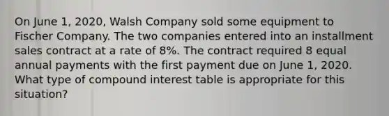 On June 1, 2020, Walsh Company sold some equipment to Fischer Company. The two companies entered into an installment sales contract at a rate of 8%. The contract required 8 equal annual payments with the first payment due on June 1, 2020. What type of compound interest table is appropriate for this situation?