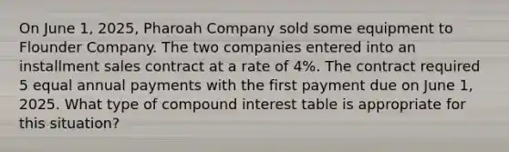 On June 1, 2025, Pharoah Company sold some equipment to Flounder Company. The two companies entered into an installment sales contract at a rate of 4%. The contract required 5 equal annual payments with the first payment due on June 1, 2025. What type of <a href='https://www.questionai.com/knowledge/k07TQ6sK1u-compound-interest' class='anchor-knowledge'>compound interest</a> table is appropriate for this situation?