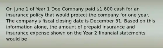 On June 1 of Year 1 Doe Company paid 1,800 cash for an insurance policy that would protect the company for one year. The company's fiscal closing date is December 31. Based on this information alone, the amount of prepaid insurance and insurance expense shown on the Year 2 financial statements would be