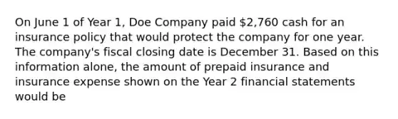 On June 1 of Year 1, Doe Company paid 2,760 cash for an insurance policy that would protect the company for one year. The company's fiscal closing date is December 31. Based on this information alone, the amount of prepaid insurance and insurance expense shown on the Year 2 financial statements would be