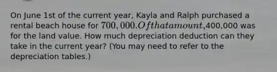 On June 1st of the current year, Kayla and Ralph purchased a rental beach house for 700,000. Of that amount,400,000 was for the land value. How much depreciation deduction can they take in the current year? (You may need to refer to the depreciation tables.)