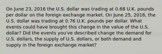 On June 23, 2016 the U.S. dollar was trading at 0.68 U.K. pounds per dollar on the foreign exchange market. On June 25, 2016​, the U.S. dollar was trading at 0.76 U.K. pounds per dollar. What events could have brought this change in the value of the U.S.​ dollar? Did the events​ you've described change the demand for U.S.​ dollars, the supply of U.S.​ dollars, or both demand and supply in the foreign exchange​ market?