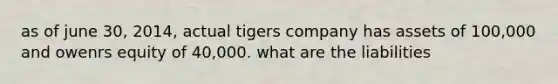 as of june 30, 2014, actual tigers company has assets of 100,000 and owenrs equity of 40,000. what are the liabilities