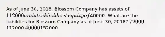 As of June 30, 2018, Blossom Company has assets of 112000 and stockholders' equity of40000. What are the liabilities for Blossom Company as of June 30, 2018? 72000112000 40000152000