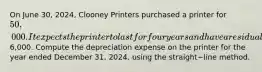 On June​ 30, 2024, Clooney Printers purchased a printer for 50,000. It expects the printer to last for four years and have a residual value of6,000. Compute the depreciation expense on the printer for the year ended December​ 31, 2024, using the straight−line method.