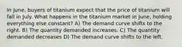 In June, buyers of titanium expect that the price of titanium will fall in July. What happens in the titanium market in June, holding everything else constant? A) The demand curve shifts to the right. B) The quantity demanded increases. C) The quantity demanded decreases D) The demand curve shifts to the left.