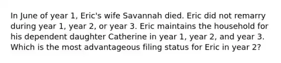 In June of year 1, Eric's wife Savannah died. Eric did not remarry during year 1, year 2, or year 3. Eric maintains the household for his dependent daughter Catherine in year 1, year 2, and year 3. Which is the most advantageous filing status for Eric in year 2?