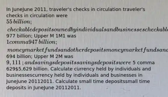 In JuneJune 2011​, traveler's checks in circulation traveler's checks in circulation were ​55 ​billion; checkable deposits owned by individuals and businesses checkable deposits owned by individuals and businesses were 977 ​billion; Upper M 1M1 was 1 comma 947 ​billion; money market funds and other deposits money market funds and other deposits were 694 ​billion; Upper M 2M was 9,111​; and savings deposits savings deposits were 5 comma 6295,629 billion. Calculate currency held by individuals and businessescurrency held by individuals and businesses in JuneJune 20112011. Calculate small time depositssmall time deposits in JuneJune 20112011.