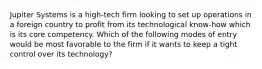 Jupiter Systems is a high-tech firm looking to set up operations in a foreign country to profit from its technological know-how which is its core competency. Which of the following modes of entry would be most favorable to the firm if it wants to keep a tight control over its technology?