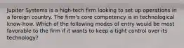 Jupiter Systems is a high-tech firm looking to set up operations in a foreign country. The firm's core competency is in technological know-how. Which of the following modes of entry would be most favorable to the firm if it wants to keep a tight control over its technology?