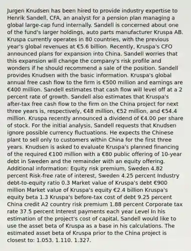 Jurgen Knudsen has been hired to provide industry expertise to Henrik Sandell, CFA, an analyst for a pension plan managing a global large-cap fund internally. Sandell is concerned about one of the fund's larger holdings, auto parts manufacturer Kruspa AB. Kruspa currently operates in 80 countries, with the previous year's global revenues at €5.6 billion. Recently, Kruspa's CFO announced plans for expansion into China. Sandell worries that this expansion will change the company's risk profile and wonders if he should recommend a sale of the position. Sandell provides Knudsen with the basic information. Kruspa's global annual free cash flow to the firm is €500 million and earnings are €400 million. Sandell estimates that cash flow will level off at a 2 percent rate of growth. Sandell also estimates that Kruspa's after-tax free cash flow to the firm on the China project for next three years is, respectively, €48 million, €52 million, and €54.4 million. Kruspa recently announced a dividend of €4.00 per share of stock. For the initial analysis, Sandell requests that Knudsen ignore possible currency fluctuations. He expects the Chinese plant to sell only to customers within China for the first three years. Knudsen is asked to evaluate Kruspa's planned financing of the required €100 million with a €80 public offering of 10-year debt in Sweden and the remainder with an equity offering. Additional information: Equity risk premium, Sweden 4.82 percent Risk-free rate of interest, Sweden 4.25 percent Industry debt-to-equity ratio 0.3 Market value of Kruspa's debt €900 million Market value of Kruspa's equity €2.4 billion Kruspa's equity beta 1.3 Kruspa's before-tax cost of debt 9.25 percent China credit A2 country risk premium 1.88 percent Corporate tax rate 37.5 percent Interest payments each year Level In his estimation of the project's cost of capital, Sandell would like to use the asset beta of Kruspa as a base in his calculations. The estimated asset beta of Kruspa prior to the China project is closest to: 1.053. 1.110. 1.327.