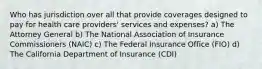 Who has jurisdiction over all that provide coverages designed to pay for health care providers' services and expenses? a) The Attorney General b) The National Association of Insurance Commissioners (NAIC) c) The Federal Insurance Office (FIO) d) The California Department of Insurance (CDI)