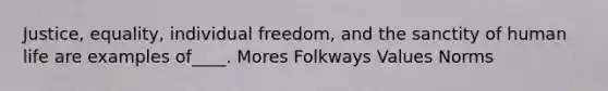 Justice, equality, individual freedom, and the sanctity of human life are examples of____. Mores Folkways Values Norms