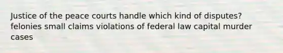 Justice of the peace courts handle which kind of disputes? felonies small claims violations of federal law capital murder cases