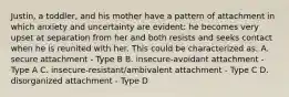 Justin, a toddler, and his mother have a pattern of attachment in which anxiety and uncertainty are evident: he becomes very upset at separation from her and both resists and seeks contact when he is reunited with her. This could be characterized as: A. secure attachment - Type B B. insecure-avoidant attachment - Type A C. insecure-resistant/ambivalent attachment - Type C D. disorganized attachment - Type D