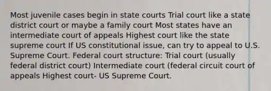 Most juvenile cases begin in state courts Trial court like a state district court or maybe a family court Most states have an intermediate court of appeals Highest court like the state supreme court If US constitutional issue, can try to appeal to U.S. Supreme Court. Federal court structure: Trial court (usually federal district court) Intermediate court (federal circuit court of appeals Highest court- US Supreme Court.