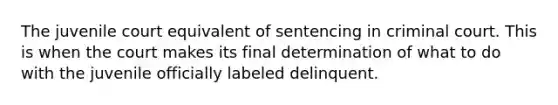 The juvenile court equivalent of sentencing in criminal court. This is when the court makes its final determination of what to do with the juvenile officially labeled delinquent.