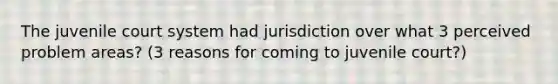 The juvenile court system had jurisdiction over what 3 perceived problem areas? (3 reasons for coming to juvenile court?)