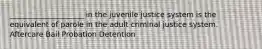 ____________________ in the juvenile justice system is the equivalent of parole in the adult criminal justice system. Aftercare Bail Probation Detention