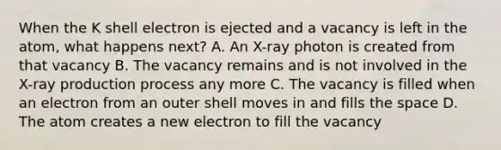 When the K shell electron is ejected and a vacancy is left in the atom, what happens next? A. An X-ray photon is created from that vacancy B. The vacancy remains and is not involved in the X-ray production process any more C. The vacancy is filled when an electron from an outer shell moves in and fills the space D. The atom creates a new electron to fill the vacancy