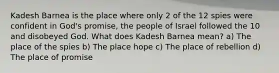 Kadesh Barnea is the place where only 2 of the 12 spies were confident in God's promise, the people of Israel followed the 10 and disobeyed God. What does Kadesh Barnea mean? a) The place of the spies b) The place hope c) The place of rebellion d) The place of promise