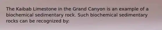 The Kaibab Limestone in the Grand Canyon is an example of a biochemical sedimentary rock. Such biochemical sedimentary rocks can be recognized by: