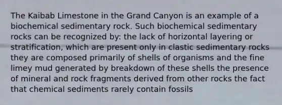 The Kaibab Limestone in the Grand Canyon is an example of a biochemical sedimentary rock. Such biochemical sedimentary rocks can be recognized by: the lack of horizontal layering or stratification, which are present only in clastic sedimentary rocks they are composed primarily of shells of organisms and the fine limey mud generated by breakdown of these shells the presence of mineral and rock fragments derived from other rocks the fact that chemical sediments rarely contain fossils