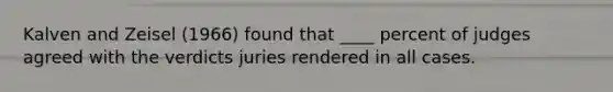 Kalven and Zeisel (1966) found that ____ percent of judges agreed with the verdicts juries rendered in all cases.