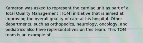 Kameron was asked to represent the cardiac unit as part of a Total Quality Management (TQM) initiative that is aimed at improving the overall quality of care at his hospital. Other departments, such as orthopedics, neurology, oncology, and pediatrics also have representatives on this team. This TQM team is an example of _____________________________.