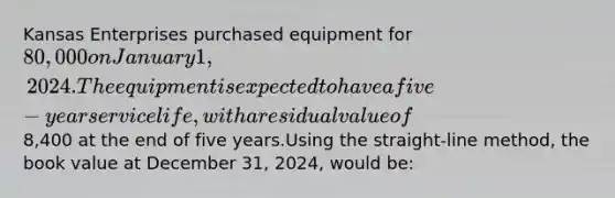 Kansas Enterprises purchased equipment for 80,000 on January 1, 2024. The equipment is expected to have a five-year service life, with a residual value of8,400 at the end of five years.Using the straight-line method, the book value at December 31, 2024, would be: