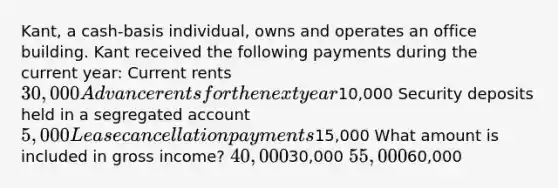 Kant, a cash-basis individual, owns and operates an office building. Kant received the following payments during the current year: Current rents 30,000 Advance rents for the next year10,000 Security deposits held in a segregated account 5,000 Lease cancellation payments15,000 What amount is included in gross income? 40,00030,000 55,00060,000