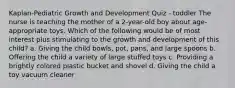 Kaplan-Pediatric Growth and Development Quiz - toddler The nurse is teaching the mother of a 2-year-old boy about age-appropriate toys. Which of the following would be of most interest plus stimulating to the growth and development of this child? a. Giving the child bowls, pot, pans, and large spoons b. Offering the child a variety of large stuffed toys c. Providing a brightly colored plastic bucket and shovel d. Giving the child a toy vacuum cleaner