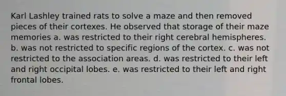 Karl Lashley trained rats to solve a maze and then removed pieces of their cortexes. He observed that storage of their maze memories a. was restricted to their right cerebral hemispheres. b. was not restricted to specific regions of the cortex. c. was not restricted to the association areas. d. was restricted to their left and right occipital lobes. e. was restricted to their left and right frontal lobes.