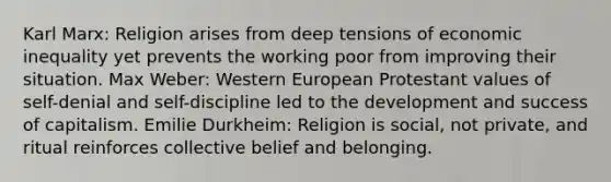 Karl Marx: Religion arises from deep tensions of economic inequality yet prevents the working poor from improving their situation. Max Weber: Western European Protestant values of self-denial and self-discipline led to the development and success of capitalism. Emilie Durkheim: Religion is social, not private, and ritual reinforces collective belief and belonging.