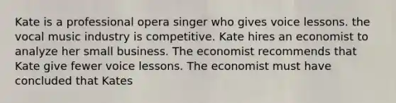 Kate is a professional opera singer who gives voice lessons. the vocal music industry is competitive. Kate hires an economist to analyze her small business. The economist recommends that Kate give fewer voice lessons. The economist must have concluded that Kates