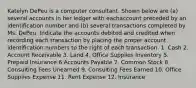 Katelyn DePeu is a computer consultant. Shown below are (a) several accounts in her ledger with eachaccount preceded by an identification number and (b) several transactions completed by Ms. DePeu. Indicate the accounts debited and credited when recording each transaction by placing the proper account identification numbers to the right of each transaction. 1. Cash 2. Account Receivable 3. Land 4. Office Supplies Inventory 5. Prepaid Insurance 6 Accounts Payable 7. Common Stock 8. Consulting Fees Unearned 9. Consulting Fees Earned 10. Office Supplies Expense 11. Rent Expense 12. Insurance