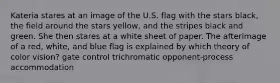 Kateria stares at an image of the U.S. flag with the stars black, the field around the stars yellow, and the stripes black and green. She then stares at a white sheet of paper. The afterimage of a red, white, and blue flag is explained by which theory of color vision? gate control trichromatic opponent-process accommodation