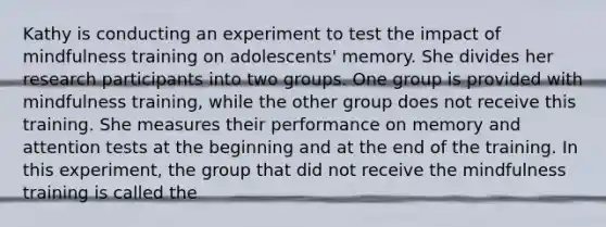 Kathy is conducting an experiment to test the impact of mindfulness training on adolescents' memory. She divides her research participants into two groups. One group is provided with mindfulness training, while the other group does not receive this training. She measures their performance on memory and attention tests at the beginning and at the end of the training. In this experiment, the group that did not receive the mindfulness training is called the