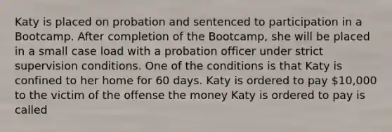 Katy is placed on probation and sentenced to participation in a Bootcamp. After completion of the Bootcamp, she will be placed in a small case load with a probation officer under strict supervision conditions. One of the conditions is that Katy is confined to her home for 60 days. Katy is ordered to pay 10,000 to the victim of the offense the money Katy is ordered to pay is called