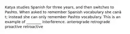 Katya studies Spanish for three years, and then switches to Pashto. When asked to remember Spanish vocabulary she canâ t; instead she can only remember Pashto vocabulary. This is an example of ________ interference. anterograde retrograde proactive retroactive