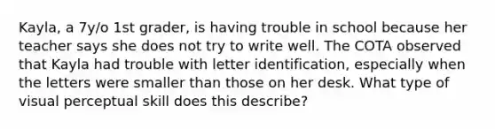 Kayla, a 7y/o 1st grader, is having trouble in school because her teacher says she does not try to write well. The COTA observed that Kayla had trouble with letter identification, especially when the letters were smaller than those on her desk. What type of visual perceptual skill does this describe?