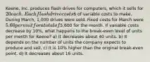 Keene, Inc. produces flash drives for computers, which it sells for 20 each. Each flash drive costs6 of variable costs to make. During March, 1,000 drives were sold. Fixed costs for March were 5.60 per unit for a total of5,600 for the month. If variable costs decrease by 10%, what happens to the break-even level of units per month for Keene? a) It decreases about 40 units. b) It depends on the number of units the company expects to produce and sell. c) It is 10% higher than the original break-even point. d) It decreases about 16 units.