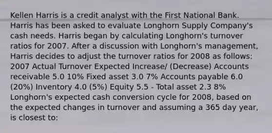 Kellen Harris is a credit analyst with the First National Bank. Harris has been asked to evaluate Longhorn Supply Company's cash needs. Harris began by calculating Longhorn's turnover ratios for 2007. After a discussion with Longhorn's management, Harris decides to adjust the turnover ratios for 2008 as follows: 2007 Actual Turnover Expected Increase/ (Decrease) Accounts receivable 5.0 10% Fixed asset 3.0 7% Accounts payable 6.0 (20%) Inventory 4.0 (5%) Equity 5.5 - Total asset 2.3 8% Longhorn's expected cash conversion cycle for 2008, based on the expected changes in turnover and assuming a 365 day year, is closest to: