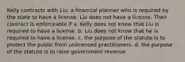 Kelly contracts with Liu, a financial planner who is required by the state to have a license. Liu does not have a license. Their contract is enforceable if a. Kelly does not know that Liu is required to have a license. b. Liu does not know that he is required to have a license. c. the purpose of the statute is to protect the public from unlicensed practitioners. d. the purpose of the statute is to raise government revenue