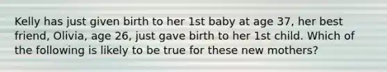 Kelly has just given birth to her 1st baby at age 37, her best friend, Olivia, age 26, just gave birth to her 1st child. Which of the following is likely to be true for these new mothers?