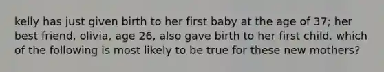 kelly has just given birth to her first baby at the age of 37; her best friend, olivia, age 26, also gave birth to her first child. which of the following is most likely to be true for these new mothers?