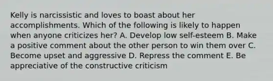 Kelly is narcissistic and loves to boast about her accomplishments. Which of the following is likely to happen when anyone criticizes her? A. Develop low self-esteem B. Make a positive comment about the other person to win them over C. Become upset and aggressive D. Repress the comment E. Be appreciative of the constructive criticism