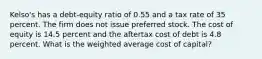 Kelso's has a debt-equity ratio of 0.55 and a tax rate of 35 percent. The firm does not issue preferred stock. The cost of equity is 14.5 percent and the aftertax cost of debt is 4.8 percent. What is the weighted average cost of capital?