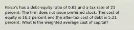 Kelso's has a debt-equity ratio of 0.62 and a tax rate of 21 percent. The firm does not issue preferred stock. The cost of equity is 16.3 percent and the after-tax cost of debt is 5.21 percent. What is the weighted average cost of capital?